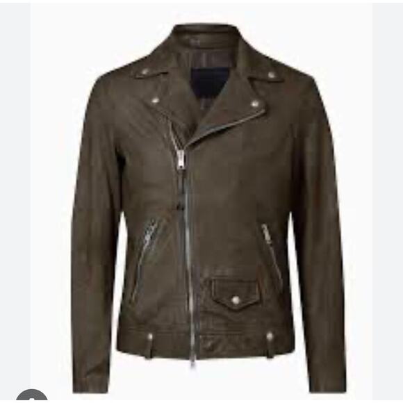 Allsaints Milo Asymmetric Zip Leather Biker Jacket Olive Green Size M NWT